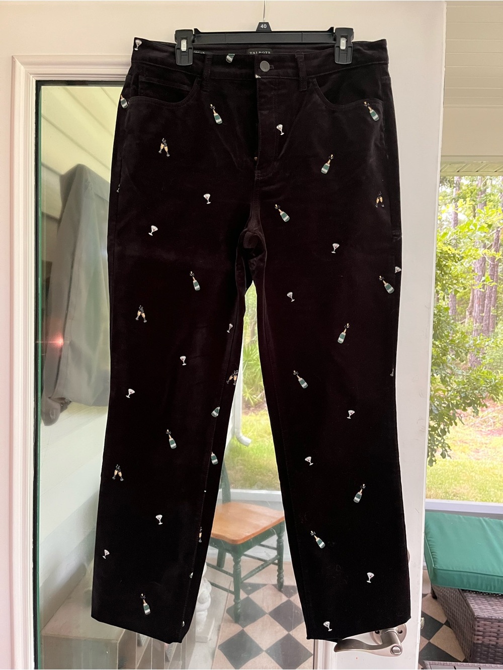 Talbots Black Velveteen Embroidered Cocktail Party Pants Size 10 Straight Leg
